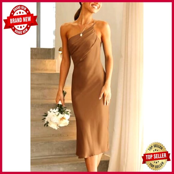 Satin Midi Dress One Shoulder Spaghetti Strap Backless Ruched Bodycon Elegant - Picture 2 of 7